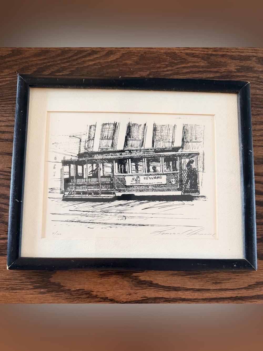 Vintage Framed Print Black & White Cable Car Sketch - Signed & Numbered